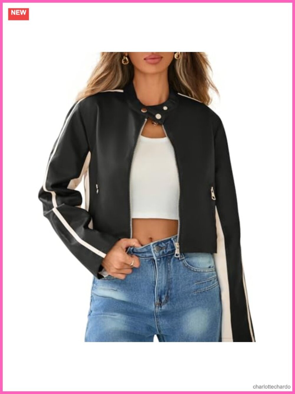 Cropped Faux Leather Jacket Contrast Stripe Biker Moto Bomber Slim Fit